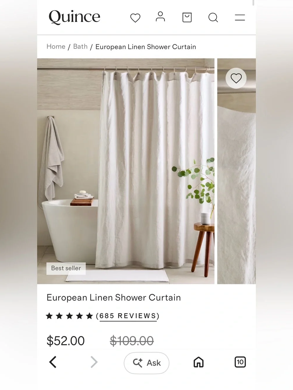 Quince European Linen Shower Curtain in light gray